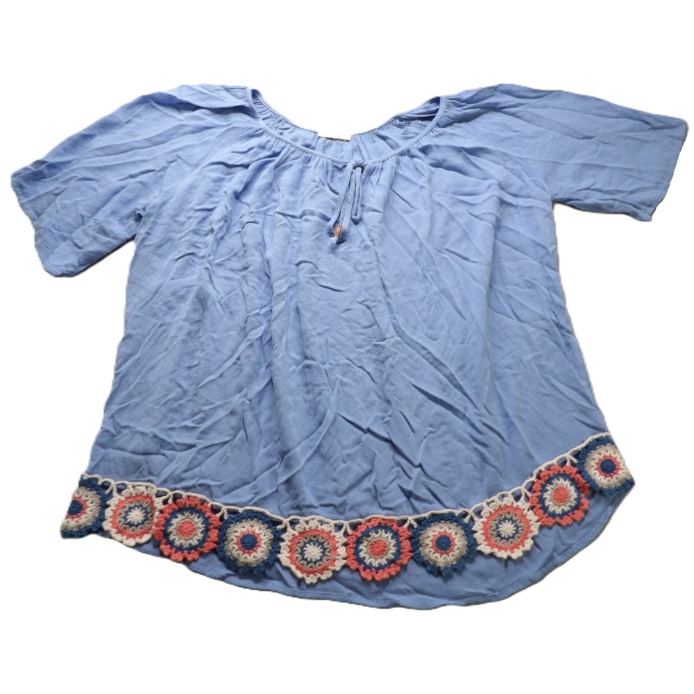 Kori America Blouse Women Floral Blue Crochet Hem Drawstring Rayon Peasant Top S